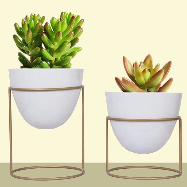 Metal Planter Stand With Planter (Golden & White, Set of 2)