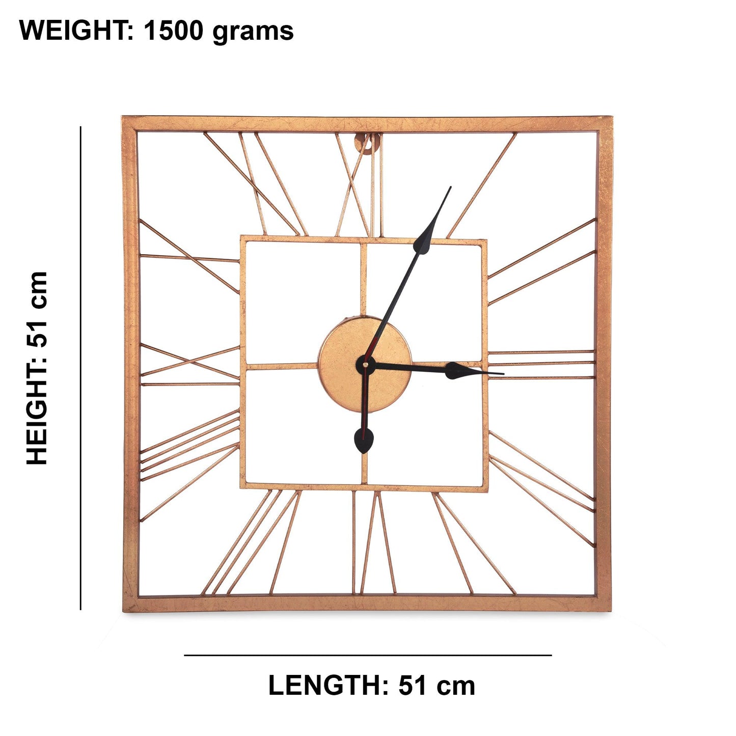 Handcrafted Square Shape Roman Numeral Metal Wall Clock (20 Inch, Rose Golden) - Vintageware