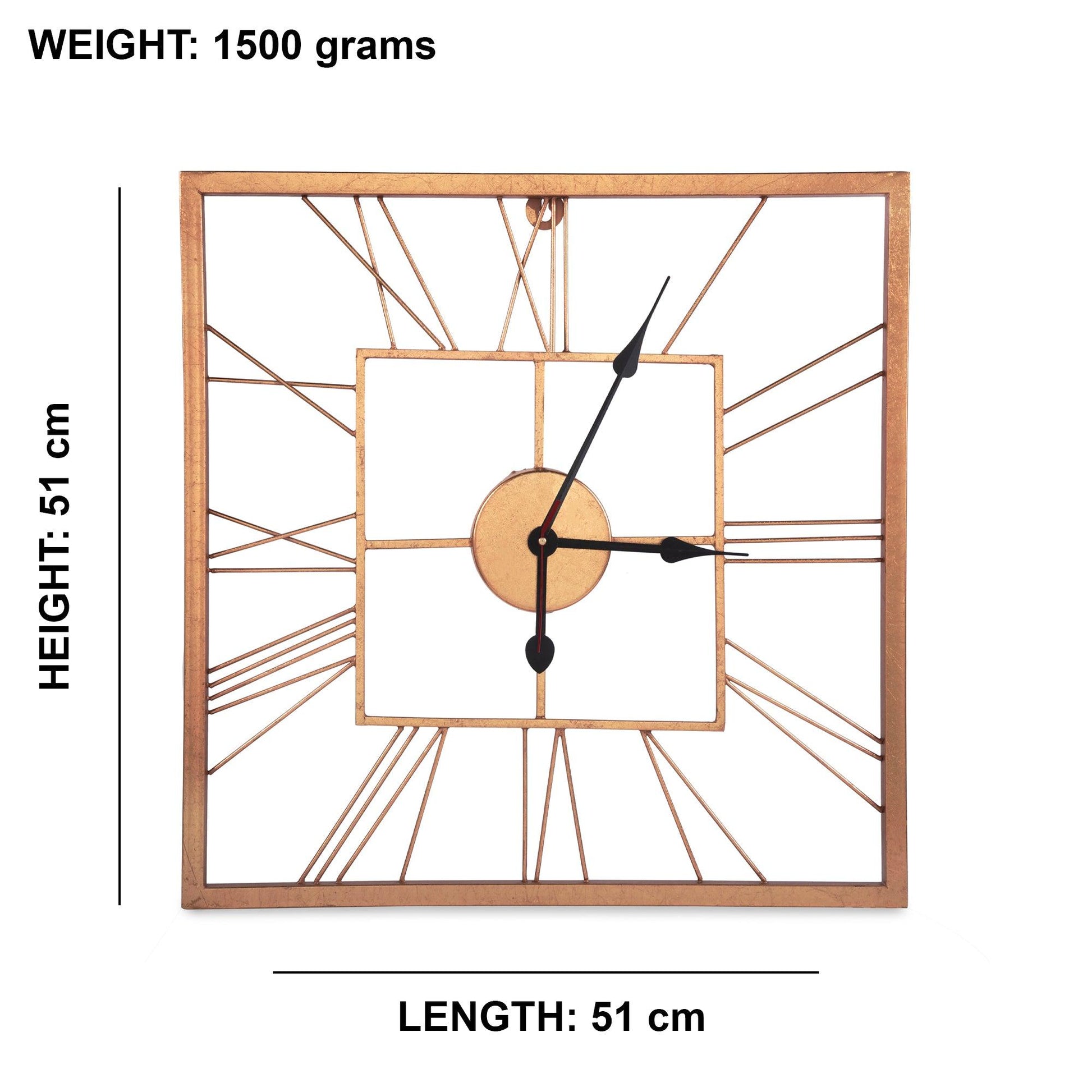 Handcrafted Square Shape Roman Numeral Metal Wall Clock (20 Inch, Rose Golden) - Vintageware