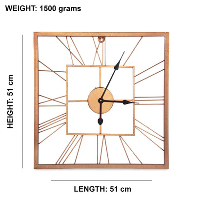 Handcrafted Square Shape Roman Numeral Metal Wall Clock (20 Inch, Rose Golden) - Vintageware