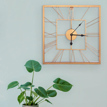 Handcrafted Square Shape Roman Numeral Metal Wall Clock (20 Inch, Rose Golden) - Vintageware