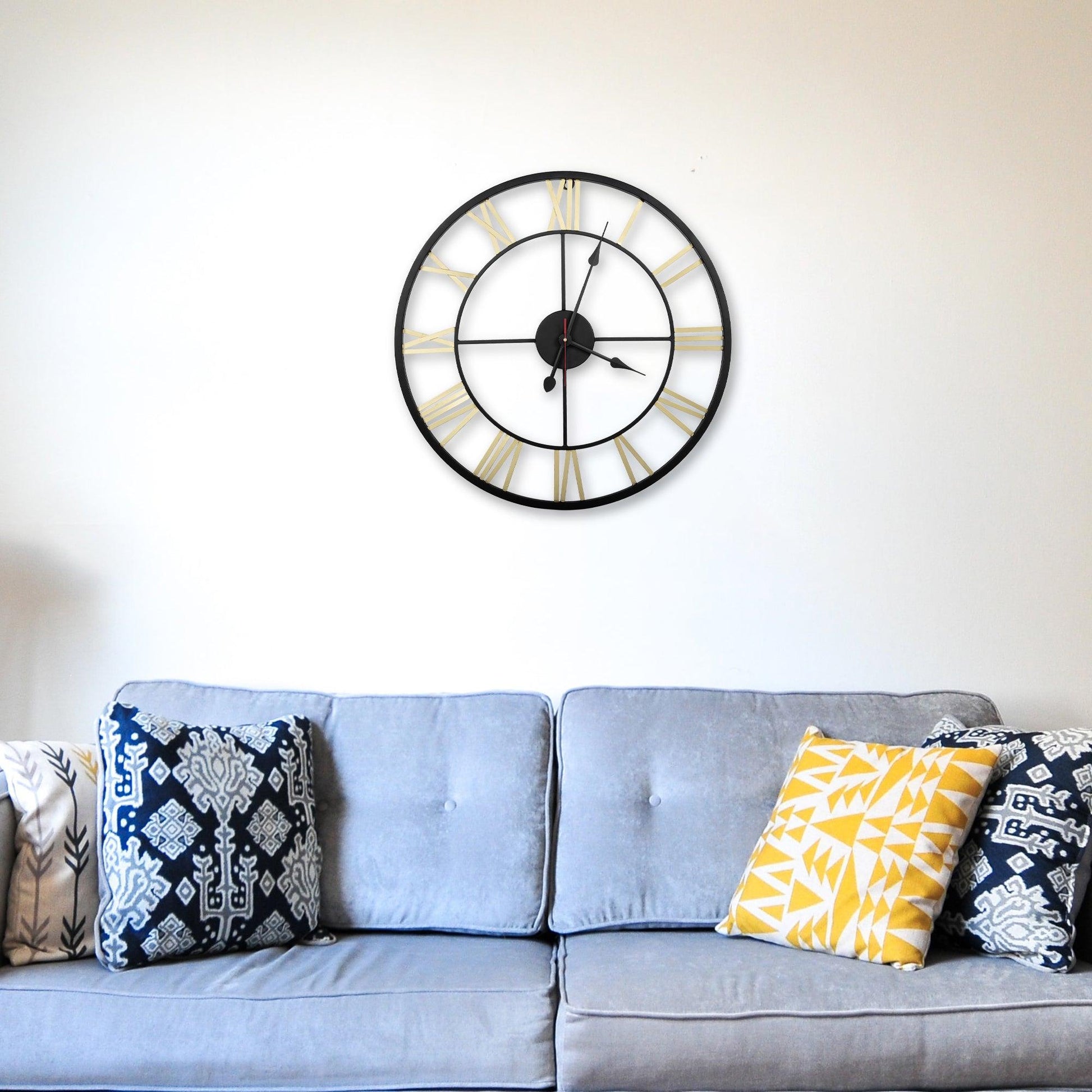 Handcrafted Roman Numeral Metal Wall Clock (22 Inch, Black & Golden) - Vintageware