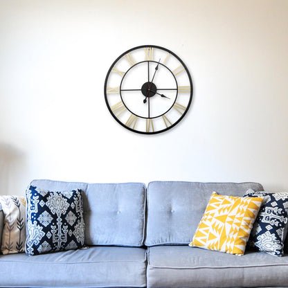 Handcrafted Roman Numeral Metal Wall Clock (30 Inch, Black & Golden) - Vintageware