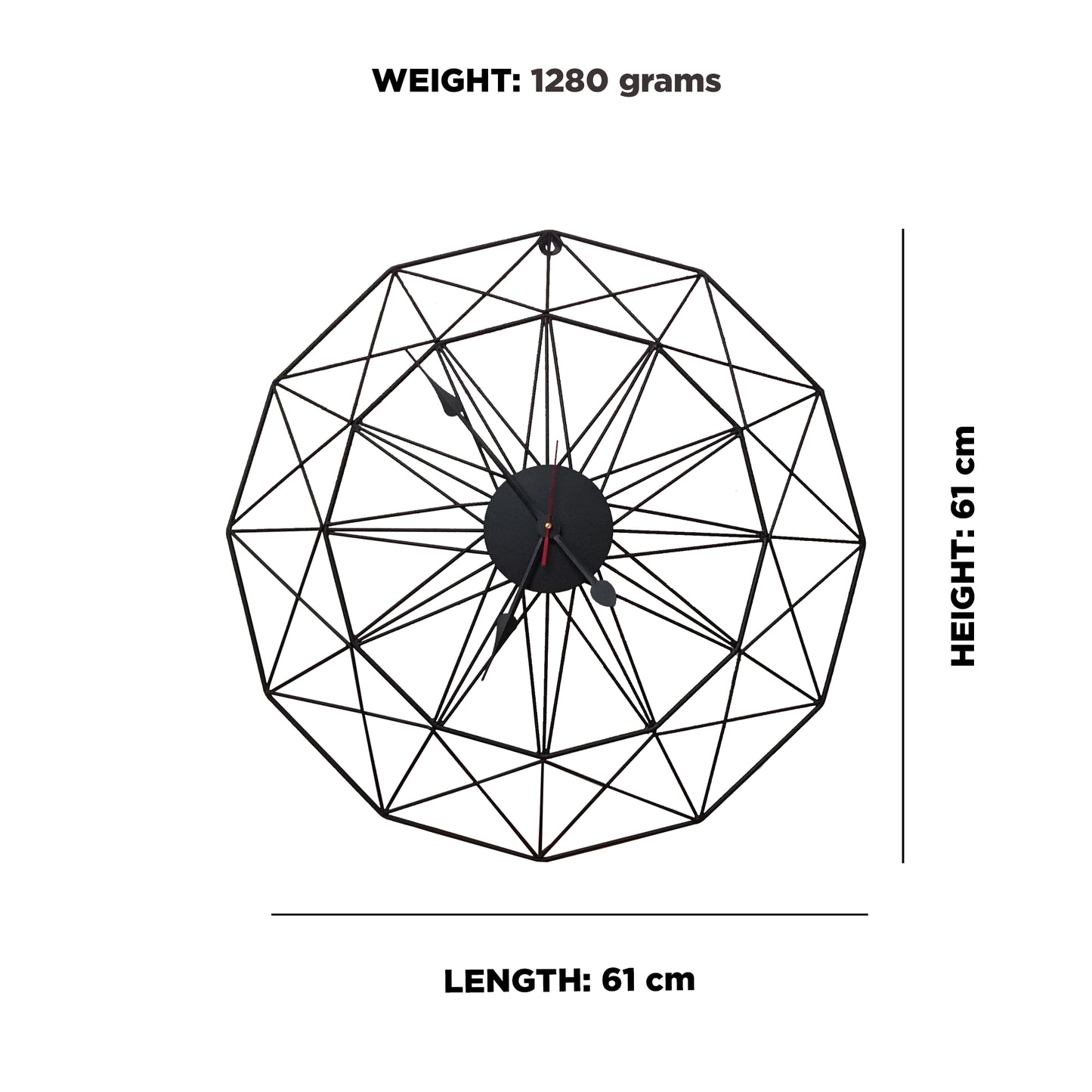 Handcrafted Geometrical Design Metal Wall Clock (24 Inch, Black) - Vintageware