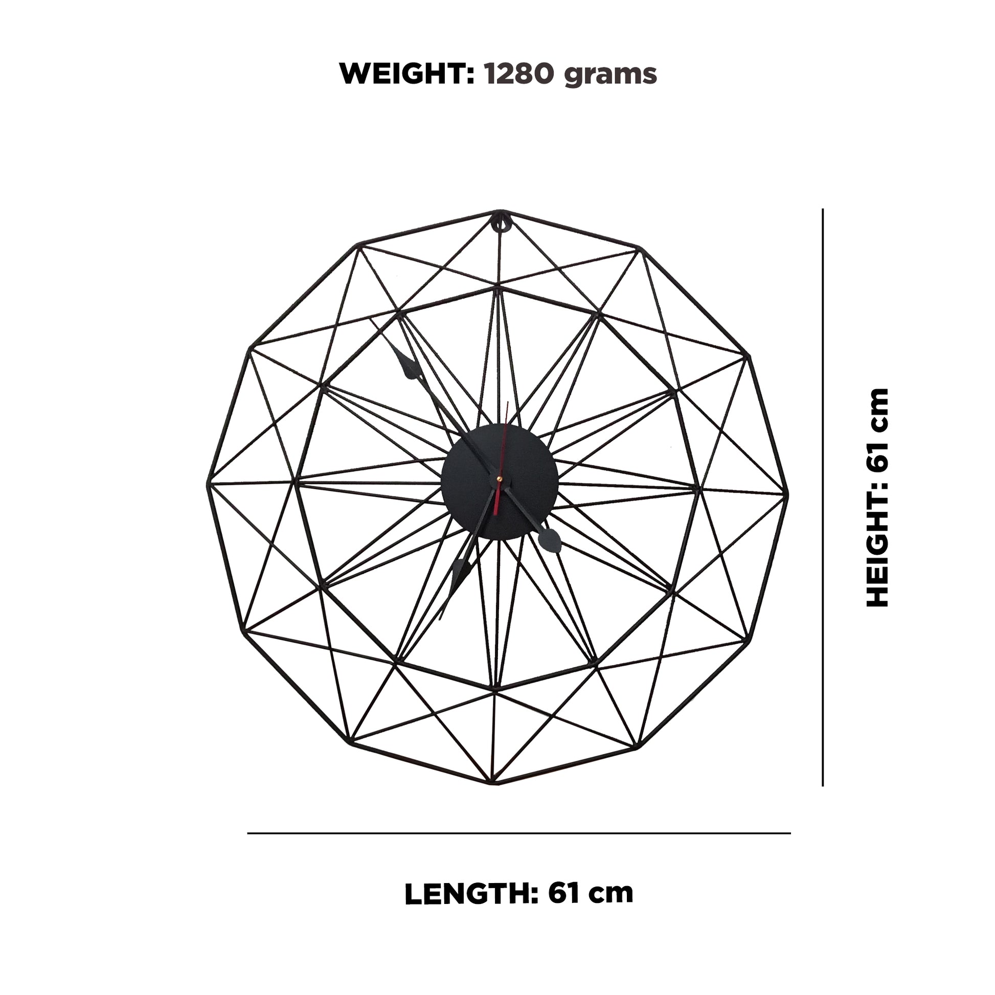 Handcrafted Geometrical Design Metal Wall Clock (24 Inch, Black) - Vintageware