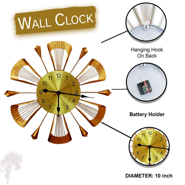 Handcrafted Antique Metal Wall Clock (24 Inch, Golden) - Vintageware