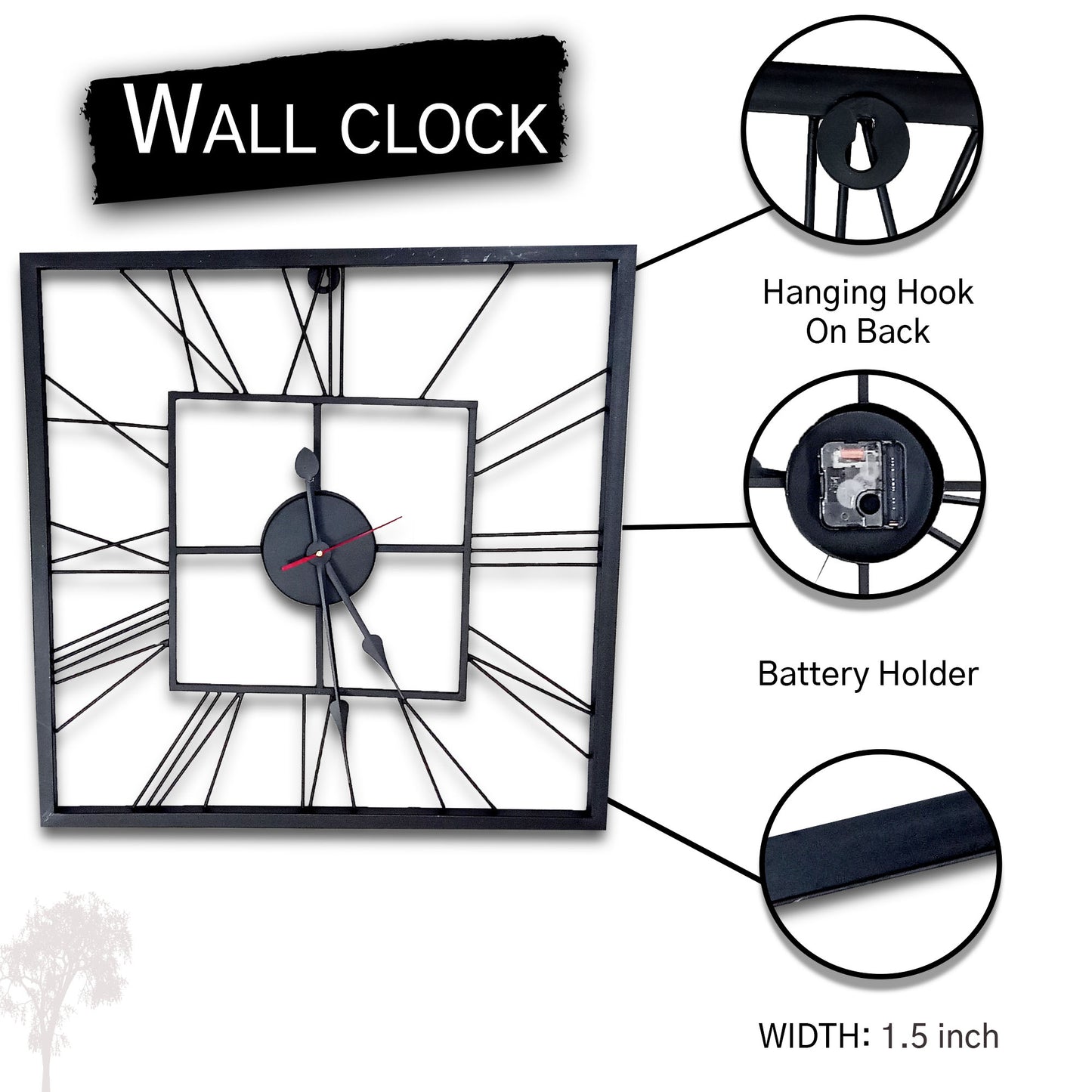 Handcrafted Square Shape Roman Numeral Metal Wall Clock (20 Inch,Black) - Vintageware