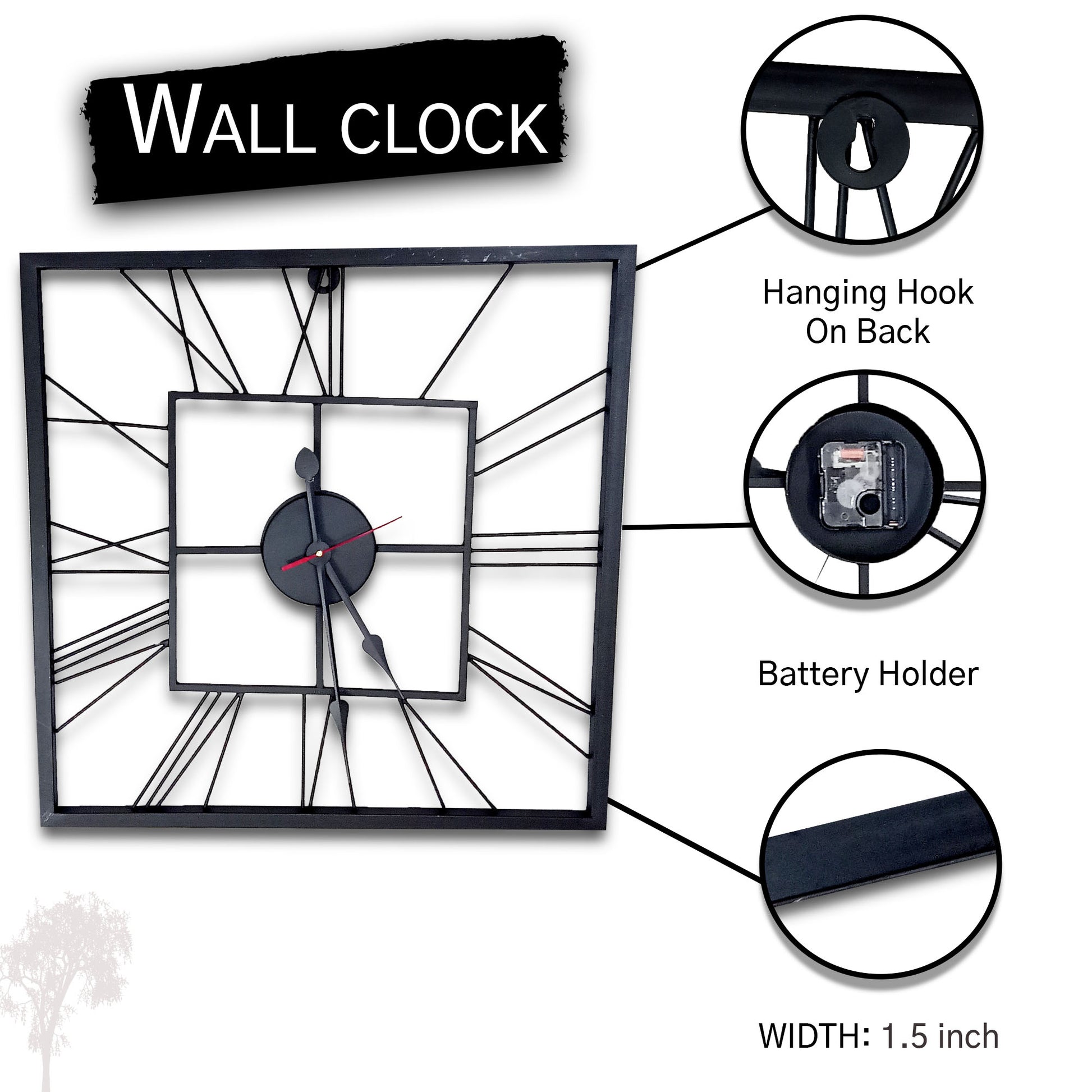 Handcrafted Square Shape Roman Numeral Metal Wall Clock (20 Inch,Black) - Vintageware