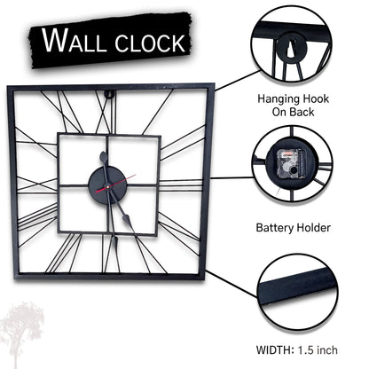 Handcrafted Square Shape Roman Numeral Metal Wall Clock (20 Inch,Black) - Vintageware