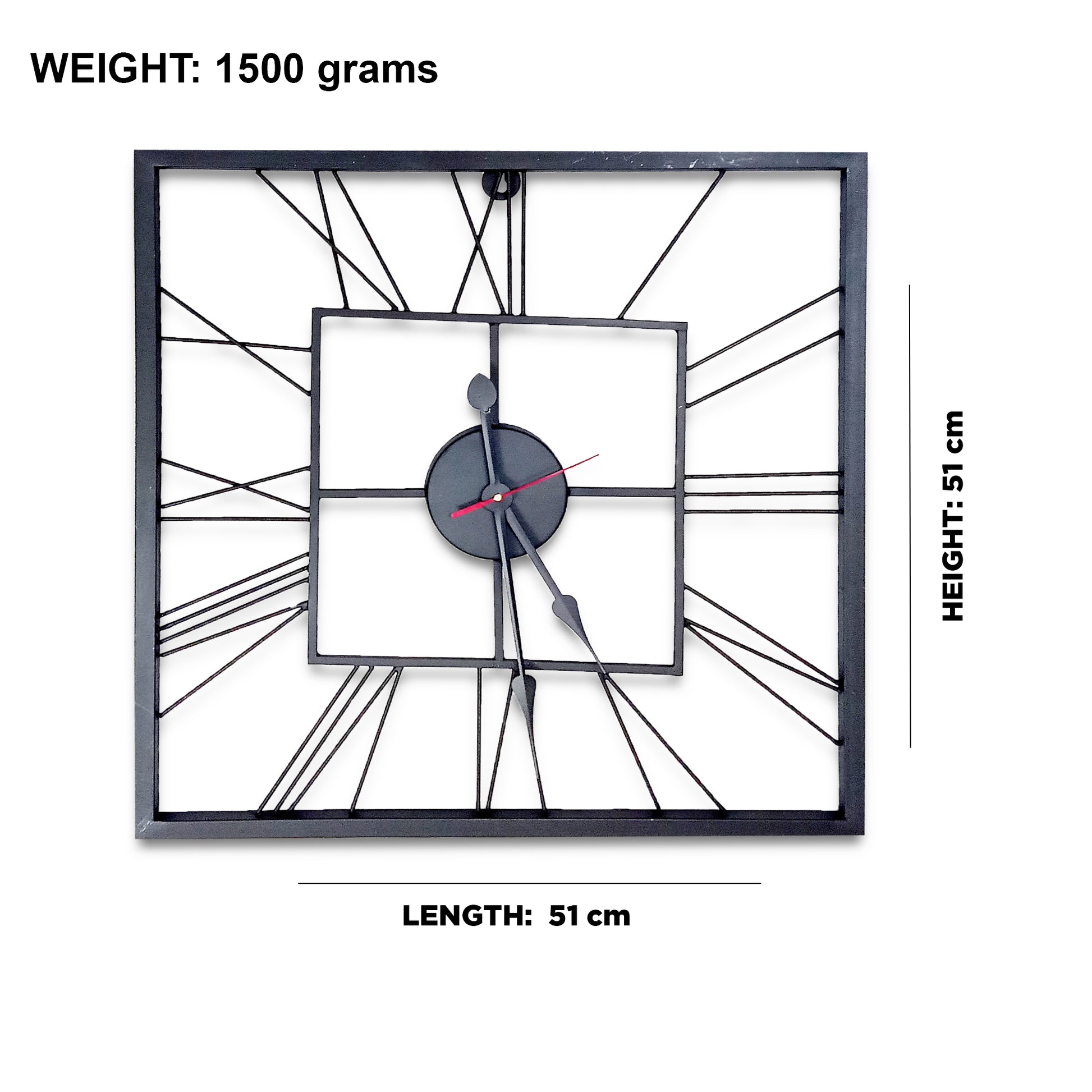 Handcrafted Square Shape Roman Numeral Metal Wall Clock (20 Inch,Black) - Vintageware