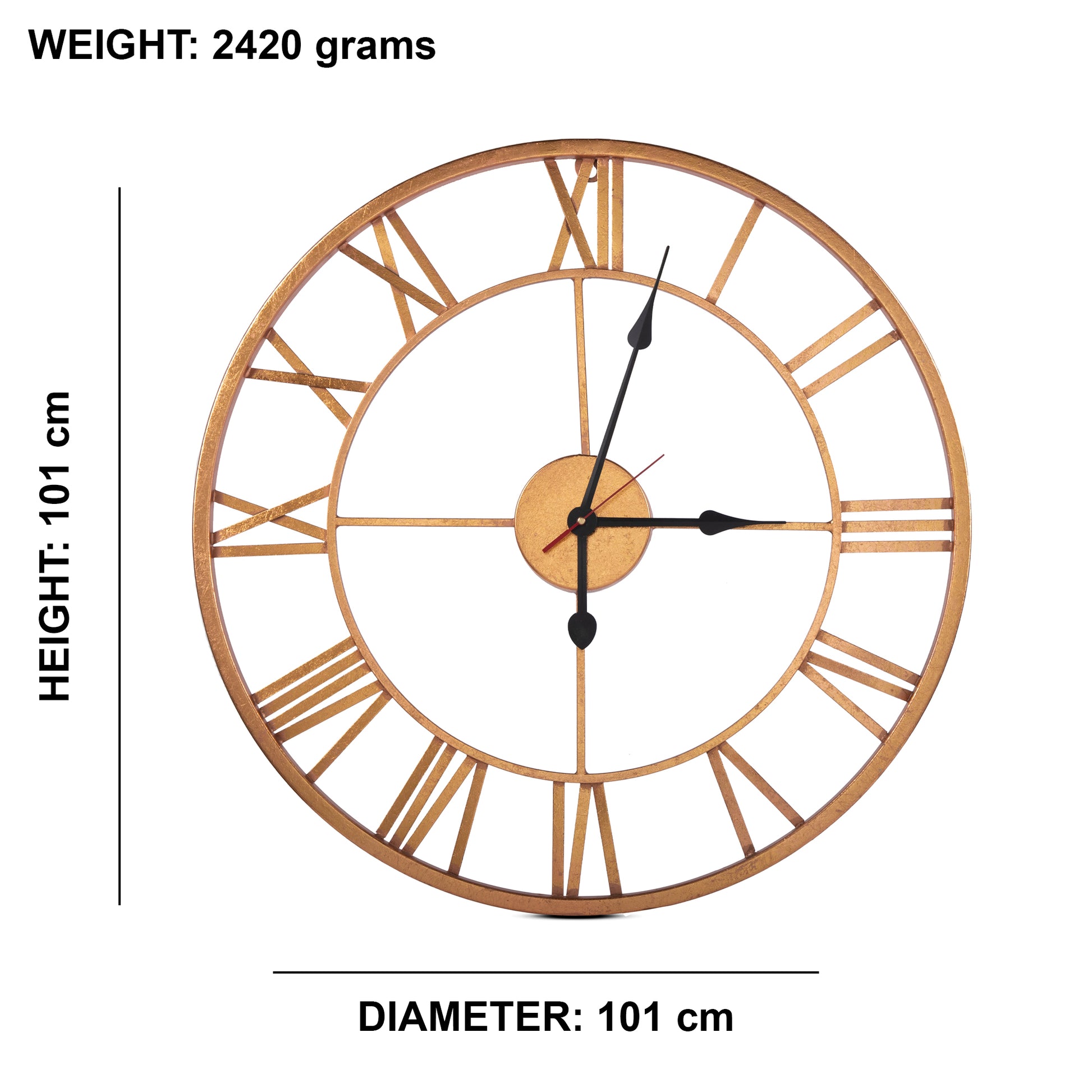 Handcrafted Roman Numeral Metal Wall Clock (40 Inch, Golden) - Vintageware