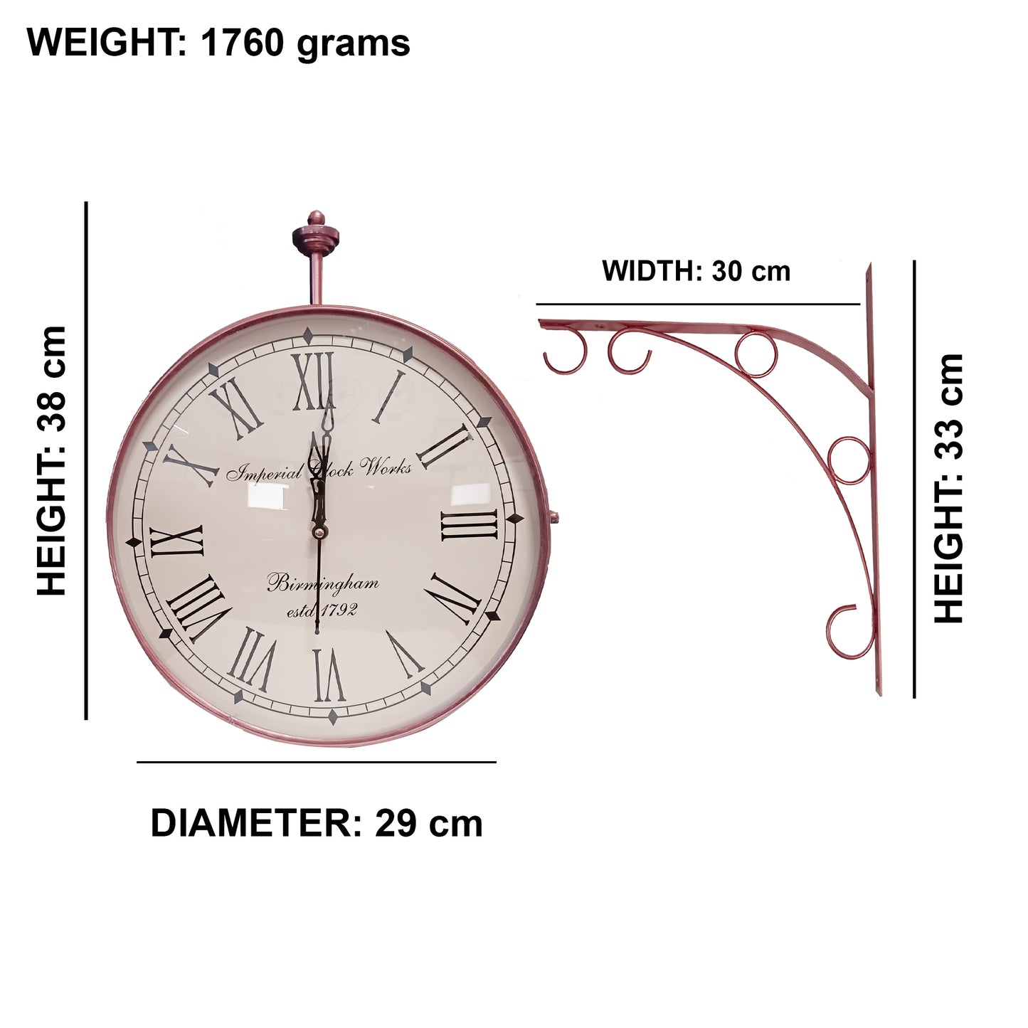 Handcrafted Double Sided Roman Numeral Metal Wall Clock (14 Inch, Copper) - Vintageware