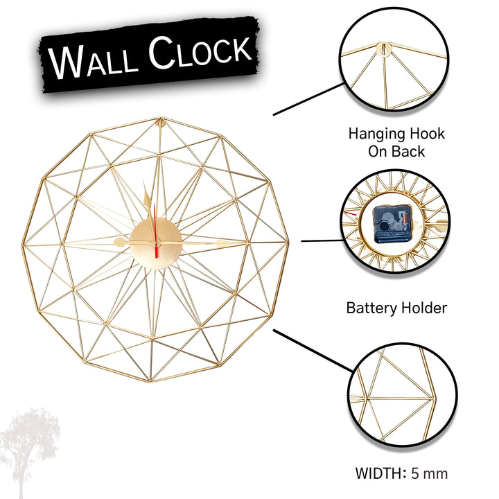 Handcrafted Geometrical Design Metal Wall Clock (24 Inch, Gold) - Vintageware