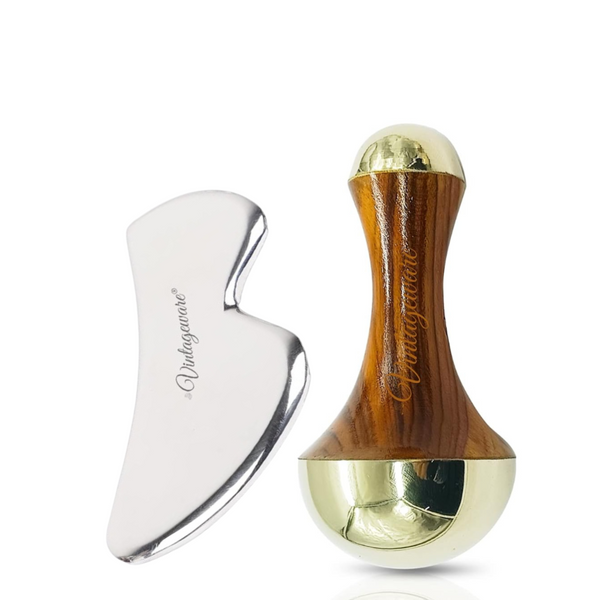Vintageware® Steel Gua Sha Tool with Kansa Wand – A powerful Ayurvedic massage set for relaxation, muscle relief, and skin rejuvenation.