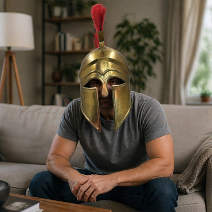 Corinthian Helmet with Brass Finish & Red Plume – Handcrafted Greek Spartan Armor for Cosplay, LARP & Renaissance (HT-A036)