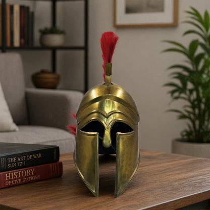 Corinthian Helmet with Brass Finish & Red Plume – Handcrafted Greek Spartan Armor for Cosplay, LARP & Renaissance (HT-A036)