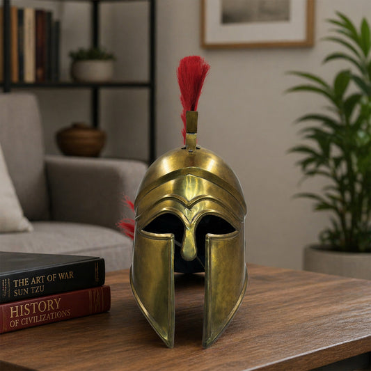 Corinthian Helmet with Brass Finish & Red Plume – Handcrafted Greek Spartan Armor for Cosplay, LARP & Renaissance (HT-A036)