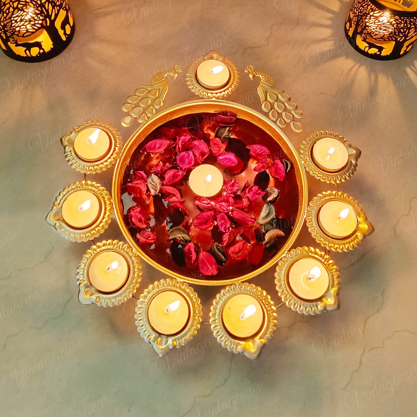 Urli Diya Peacock Shape for Home, Festival, Diwali Decor With Attached Floating Flower Bowl  Large (Set Of 4) Length - 13.5 Inch