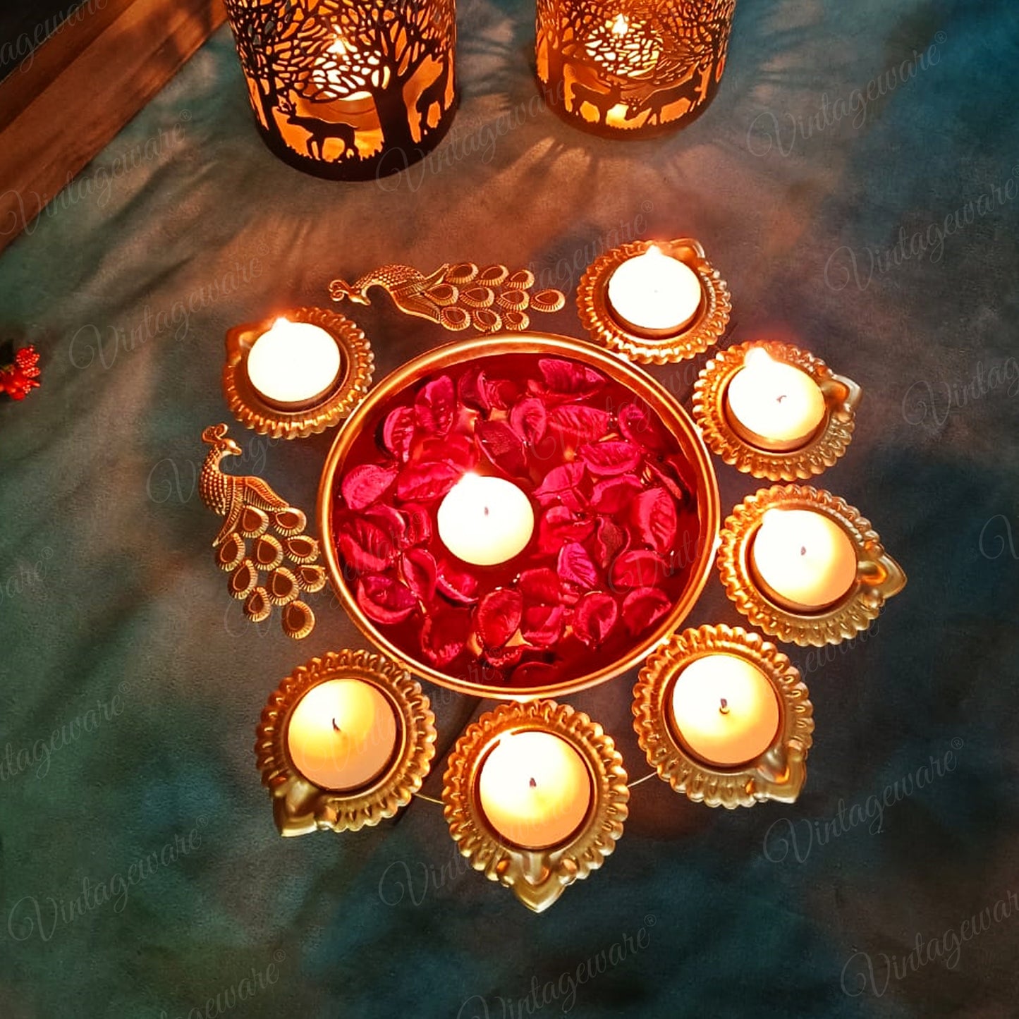 Peacock Shape Urli Diya for Home Decor, Diwali With Attached Floating Flower Bowl  Medium (Set Of 4) Length - 11.5 Inch