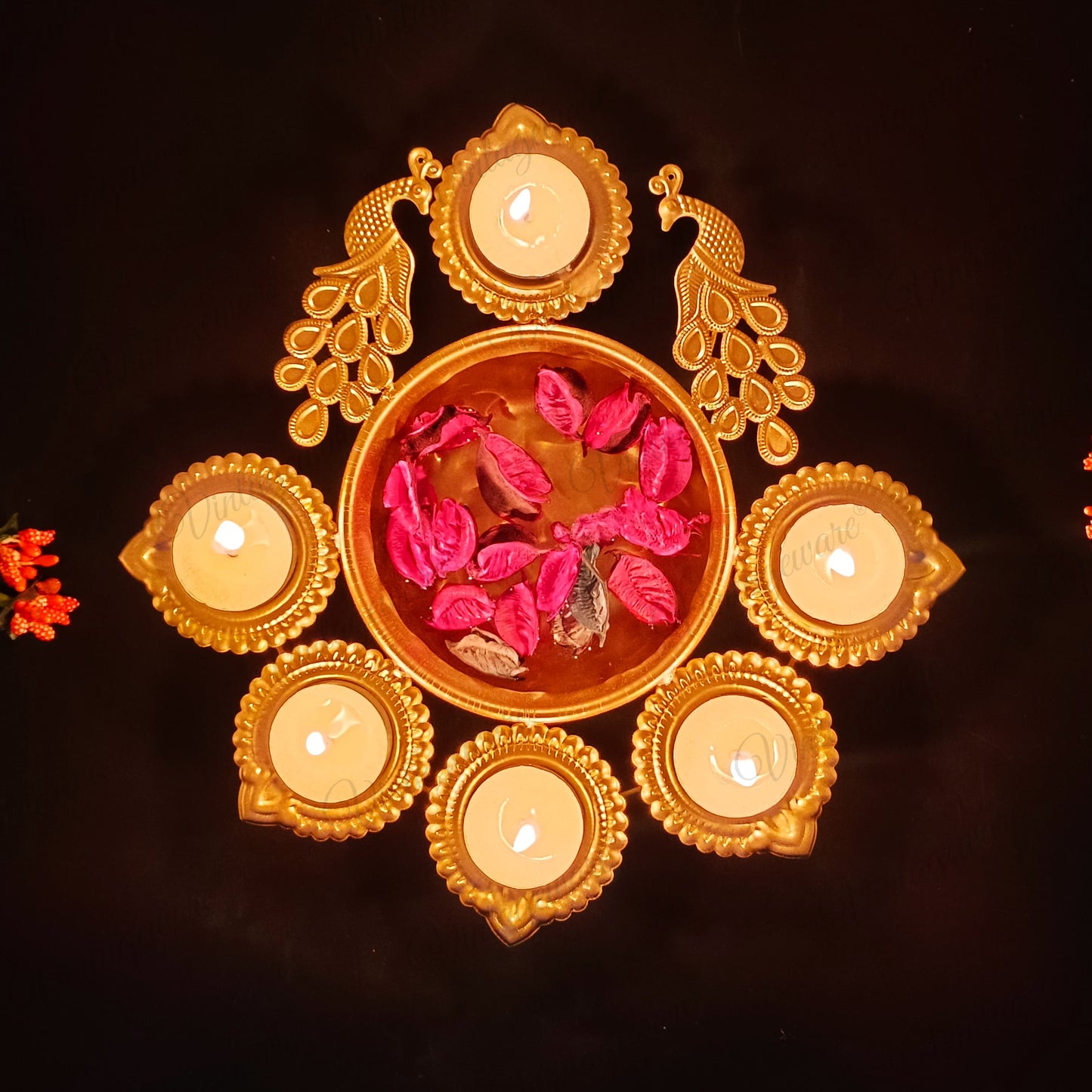 Peacock Shape Urli Diya for Home Decor, Diwali With Attached Floating Flower Bowl Small (Length - 10.5 Inch)