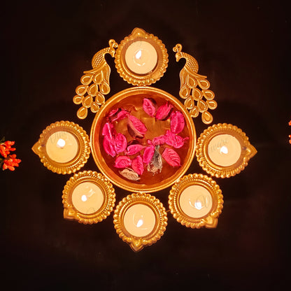 Peacock Shape Urli Diya for Home Decor, Diwali With Attached Floating Flower Bowl Small (Length - 10.5 Inch)