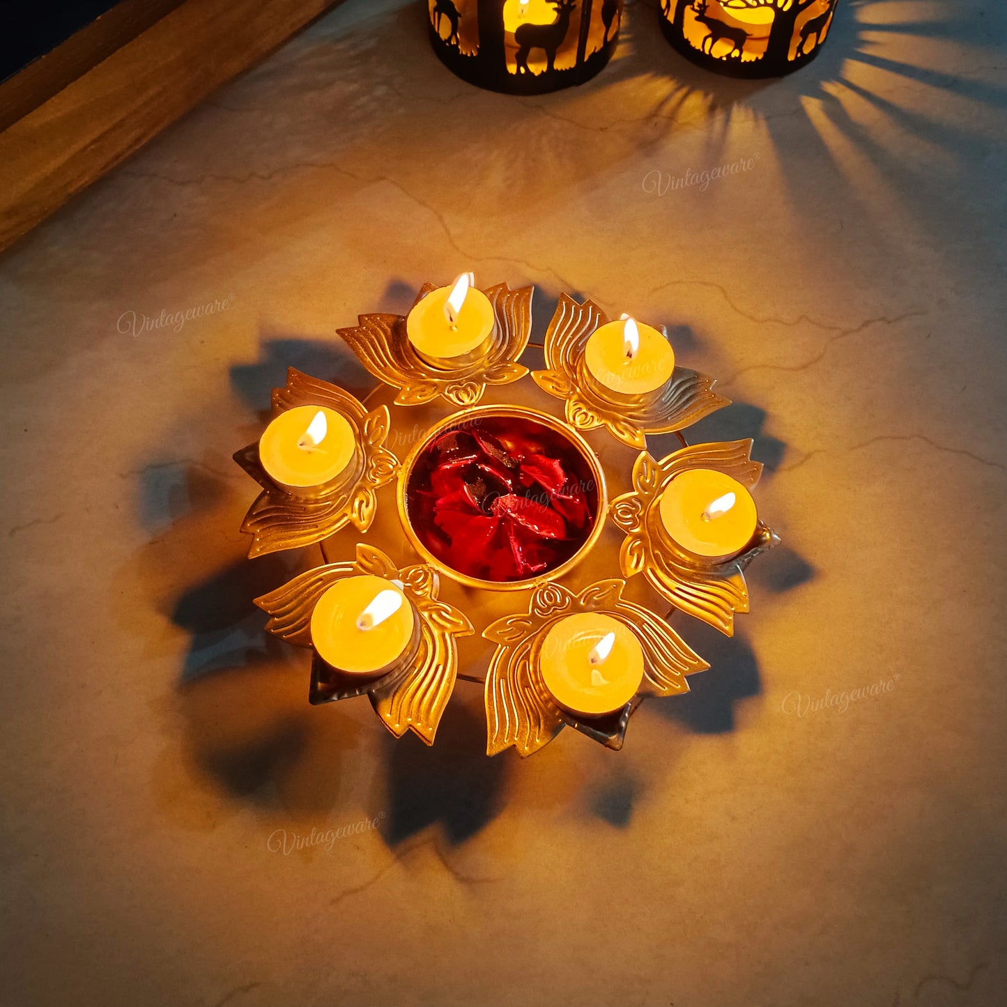 Decorative Metal Urli Bowl for Floating Flowers with Lotus Shape Diya Border (Dia - 8.5 Inch) Iron Table Diya Set of 4