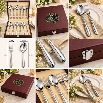 Vintageware 12-Piece Stainless Steel Cutlery Set with Premium Wooden Presentation Box – Spoon & Fork Set for Dining, Kitchen & Gifting