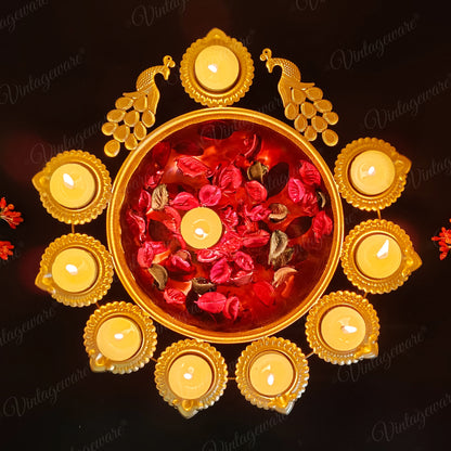Urli Diya Peacock Shape for Home, Festival, Diwali Decor With Attached Floating Flower Bowl  Large (Set Of 4) Length - 13.5 Inch