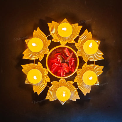Decorative Metal Urli Bowl for Floating Flowers with Lotus Shape Diya Border (Dia - 8.5 Inch) Iron Table Diya Set of 4