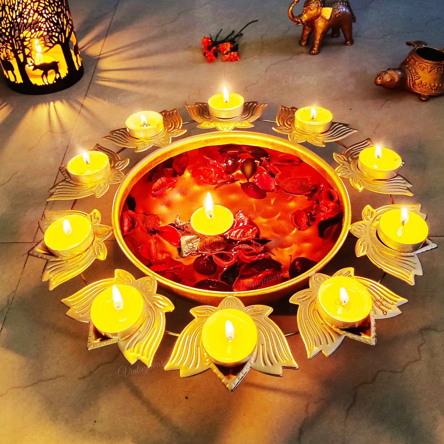 Decorative Metal Urli Bowl for Floating Flowers with Lotus Shape Diya Border Iron Table Diya Set of 2 (Dia - 13.5 Inch)