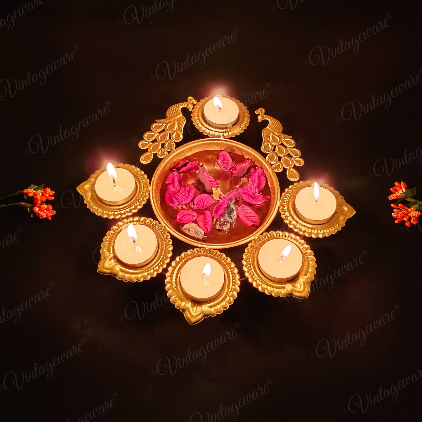 Peacock Shape Urli Diya for Home Decor, Diwali With Attached Floating Flower Bowl Small (Length - 10.5 Inch)