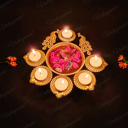 Peacock Shape Urli Diya for Home Decor, Diwali With Attached Floating Flower Bowl Small (Length - 10.5 Inch)