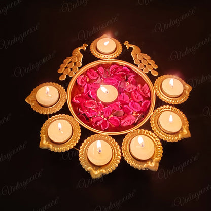 Peacock Shape Urli Diya for Home Decor, Diwali With Attached Floating Flower Bowl  Medium (Set Of 4) Length - 11.5 Inch