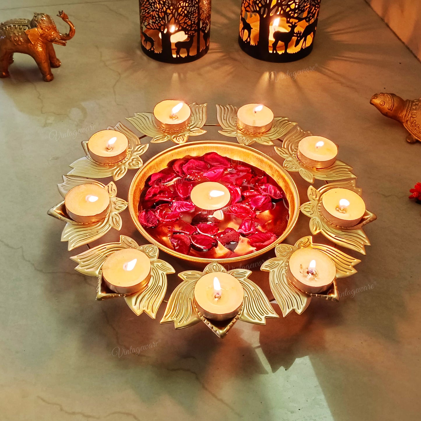 Decorative Metal Urli Bowl for Floating Flowers with Lotus Shape Diya Border Iron Table Diya Set of 2 (Dia - 11.5 Inch)