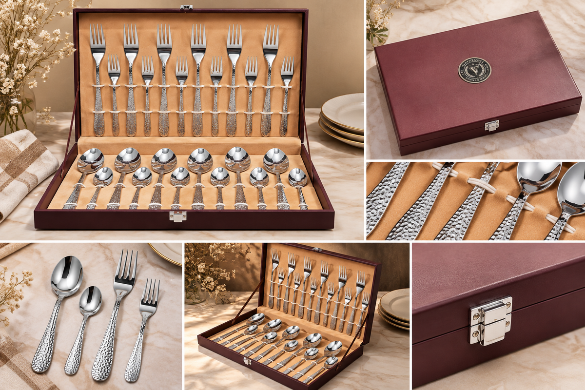 Vintageware 24-Piece Stainless Steel Cutlery Set with Premium Wooden Presentation Box – 12 Spoons & 12 Forks for Dining, Kitchen & Gifting