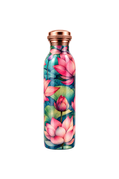 [Latest Collection] Vintageware® Lotus Print Pure Copper Bottle 950 ml  | Seamless Leakproof Copper Bottle with Handle | Ayurvedic Drinking Water Bottle | Made in India