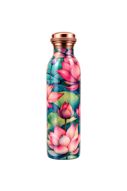 [Latest Collection] Vintageware® Lotus Print Pure Copper Bottle 950 ml  | Seamless Leakproof Copper Bottle with Handle | Ayurvedic Drinking Water Bottle | Made in India