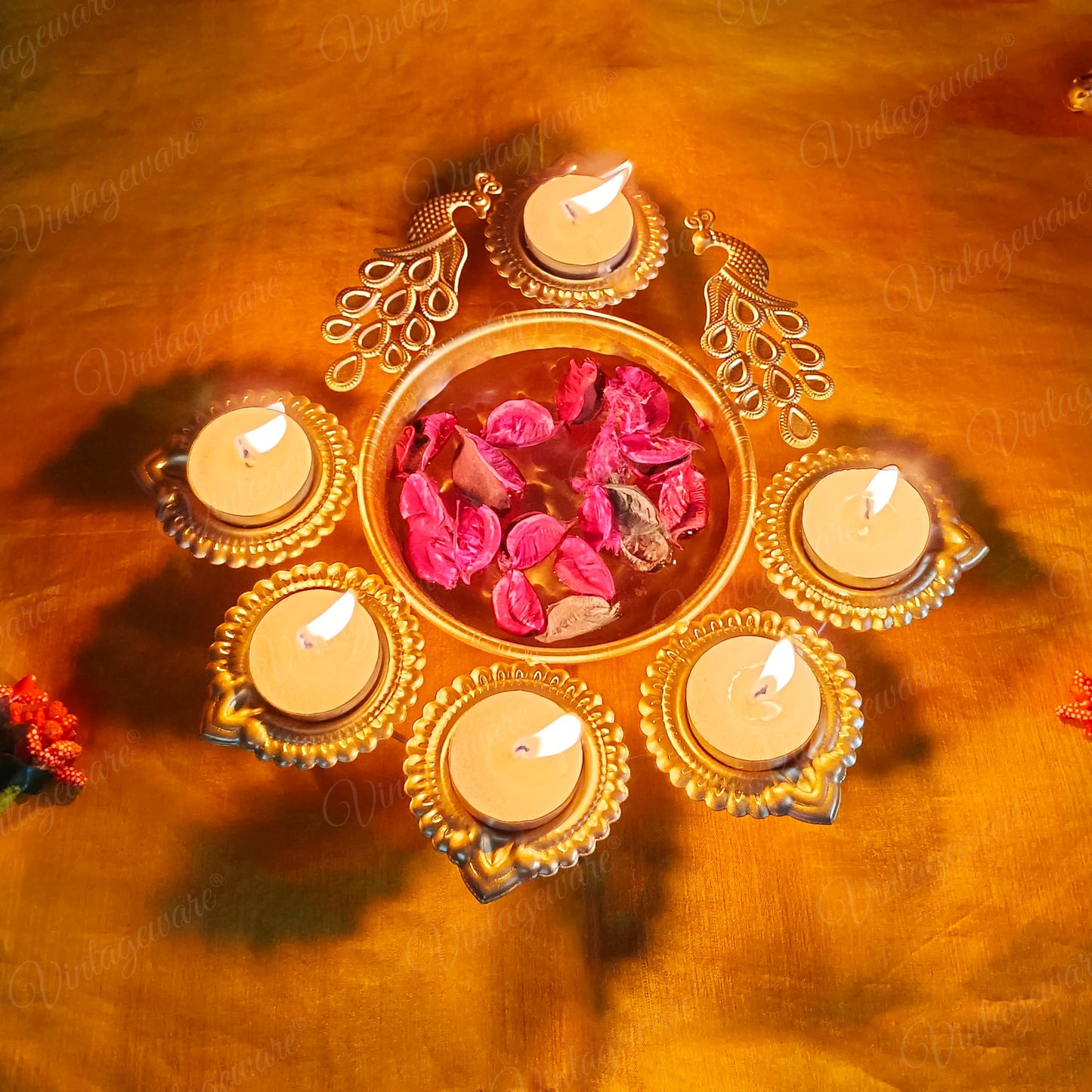 Peacock Shape Urli Diya for Home Decor, Diwali With Attached Floating Flower Bowl Small (Length - 10.5 Inch)