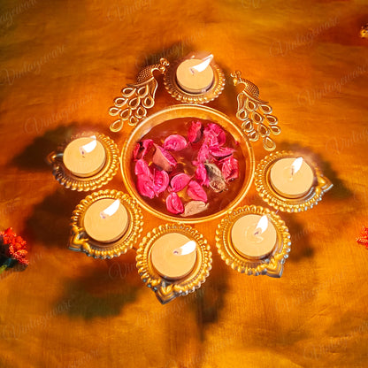 Peacock Shape Urli Diya for Home Decor, Diwali With Attached Floating Flower Bowl Small (Length - 10.5 Inch)