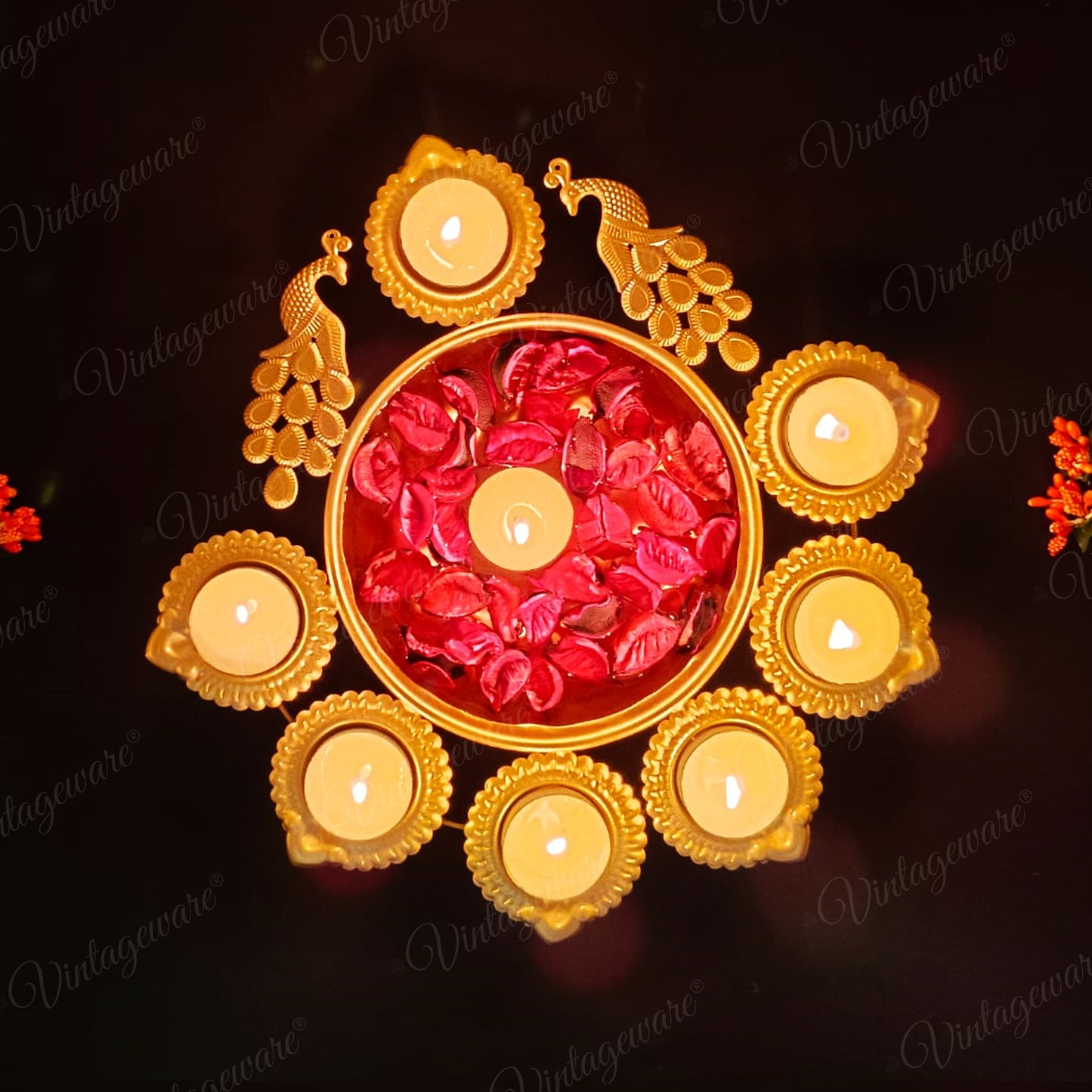 Peacock Shape Urli Diya for Home Decor, Diwali With Attached Floating Flower Bowl  Medium (Set Of 4) Length - 11.5 Inch