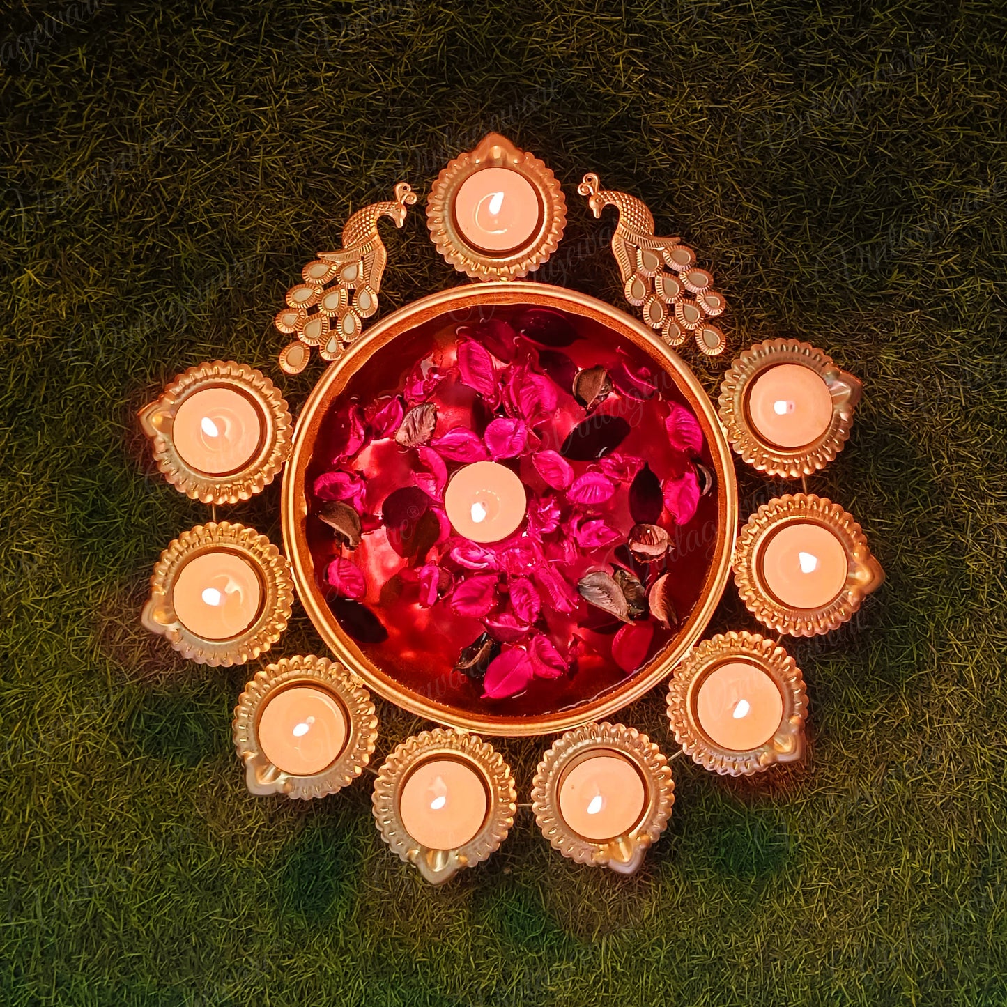 Urli Diya Peacock Shape for Home, Festival, Diwali Decor With Attached Floating Flower Bowl  Large (Set Of 4) Length - 13.5 Inch