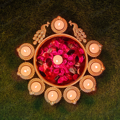 Urli Diya Peacock Shape for Home, Festival, Diwali Decor With Attached Floating Flower Bowl  Large (Set Of 4) Length - 13.5 Inch
