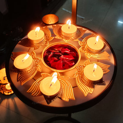Decorative Metal Urli Bowl for Floating Flowers with Lotus Shape Diya Border (Dia - 8.5 Inch) Iron Table Diya Set of 4