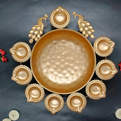 Urli Diya Peacock Shape for Home, Festival, Diwali Decor With Attached Floating Flower Bowl  Large (Set Of 4) Length - 13.5 Inch