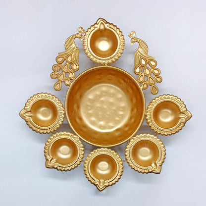 Peacock Shape Urli Diya for Home Decor, Diwali With Attached Floating Flower Bowl Small (Length - 10.5 Inch)