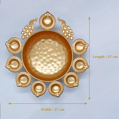 Urli Diya Peacock Shape for Home, Festival, Diwali Decor With Attached Floating Flower Bowl  Large (Set Of 4) Length - 13.5 Inch