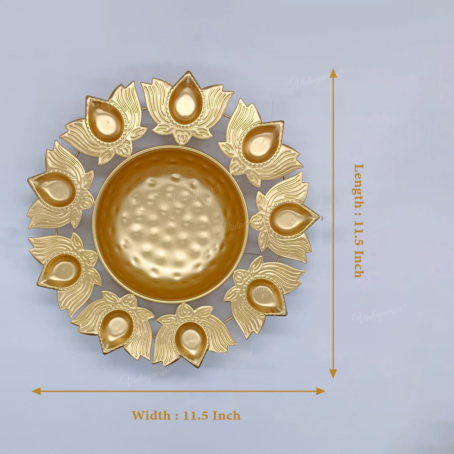 Decorative Metal Urli Bowl for Floating Flowers with Lotus Shape Diya Border Iron Table Diya Set of 2 (Dia - 11.5 Inch)