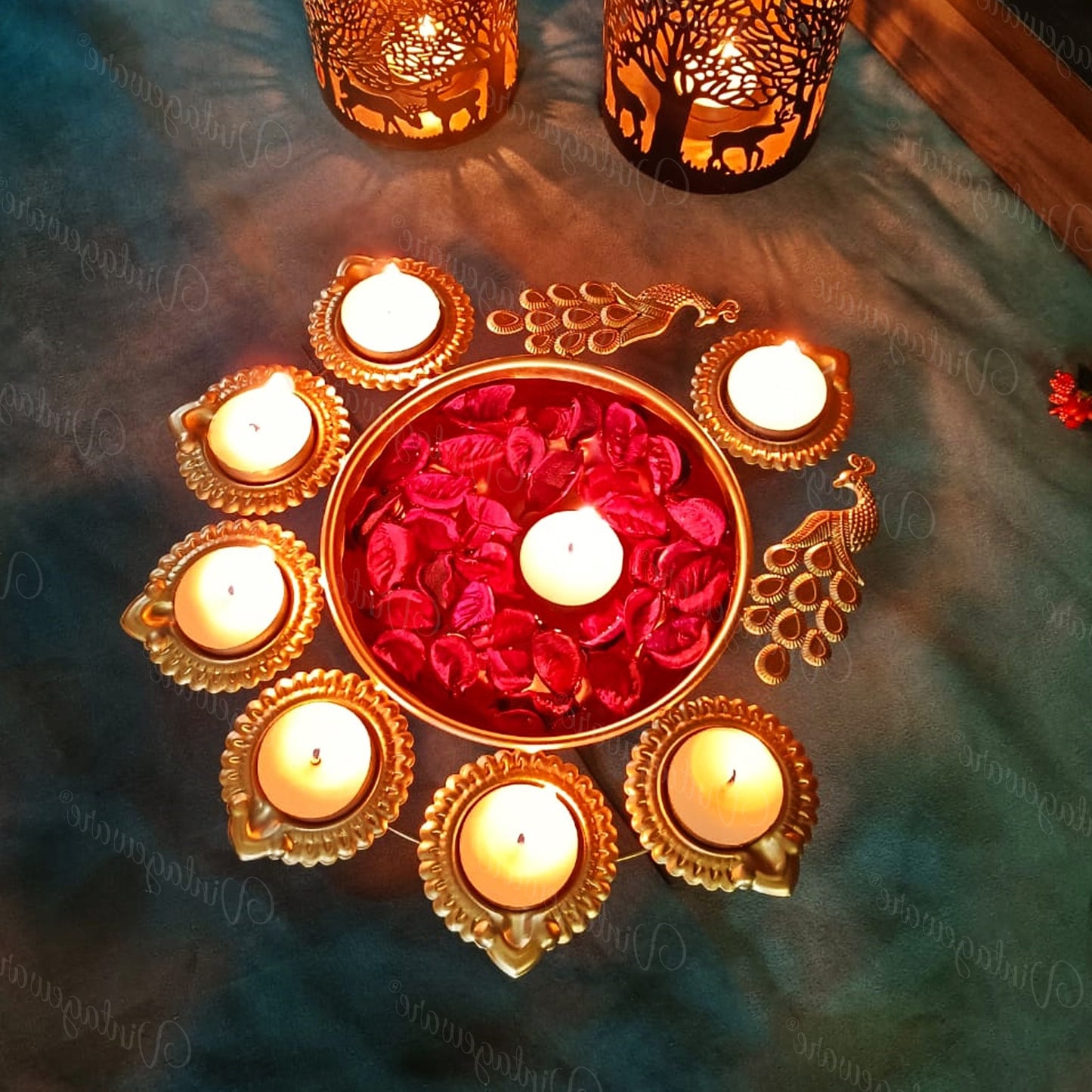 Peacock Shape Urli Diya for Home Decor, Diwali With Attached Floating Flower Bowl  Medium (Set Of 4) Length - 11.5 Inch