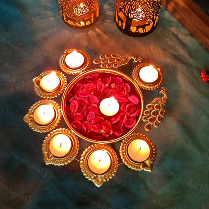 Peacock Shape Urli Diya for Home Decor, Diwali With Attached Floating Flower Bowl  Medium (Set Of 4) Length - 11.5 Inch