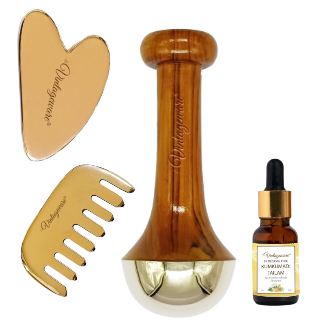 kansa wand, kansa comb, kansa gua sha with kumkumadi oil